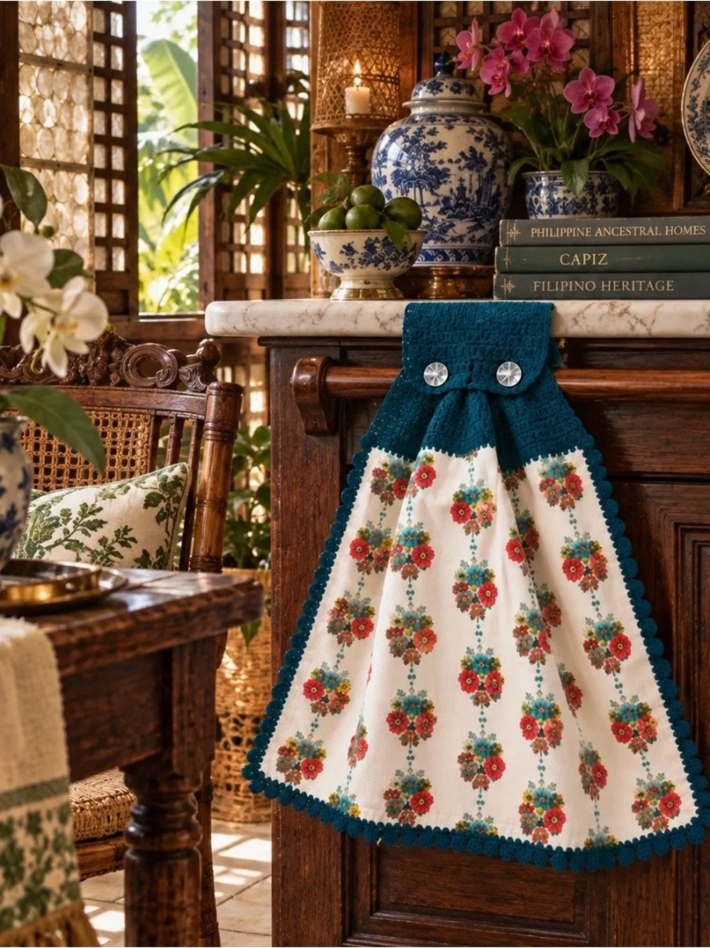 The Pioneer Woman Teal Crochet-Trim Floral Kitchen Towel